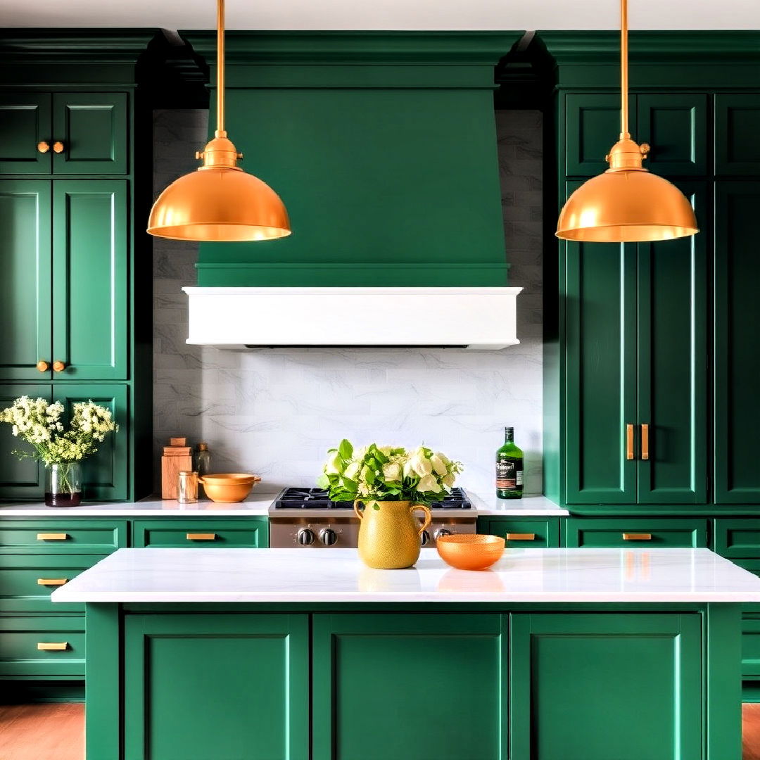 gold light fixtures for emerald green kitchen - 25 Emerald Green Kitchen Ideas