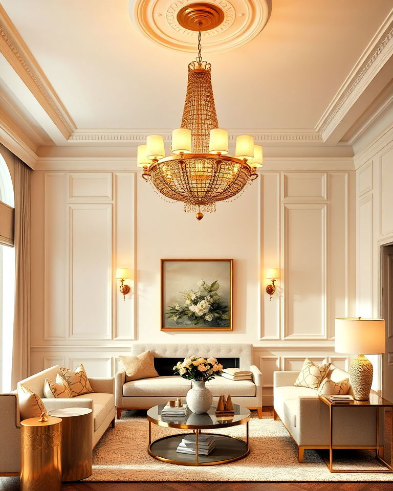 gold lighting fixtures with cream walls - 20 Cream and Gold Living Room Ideas