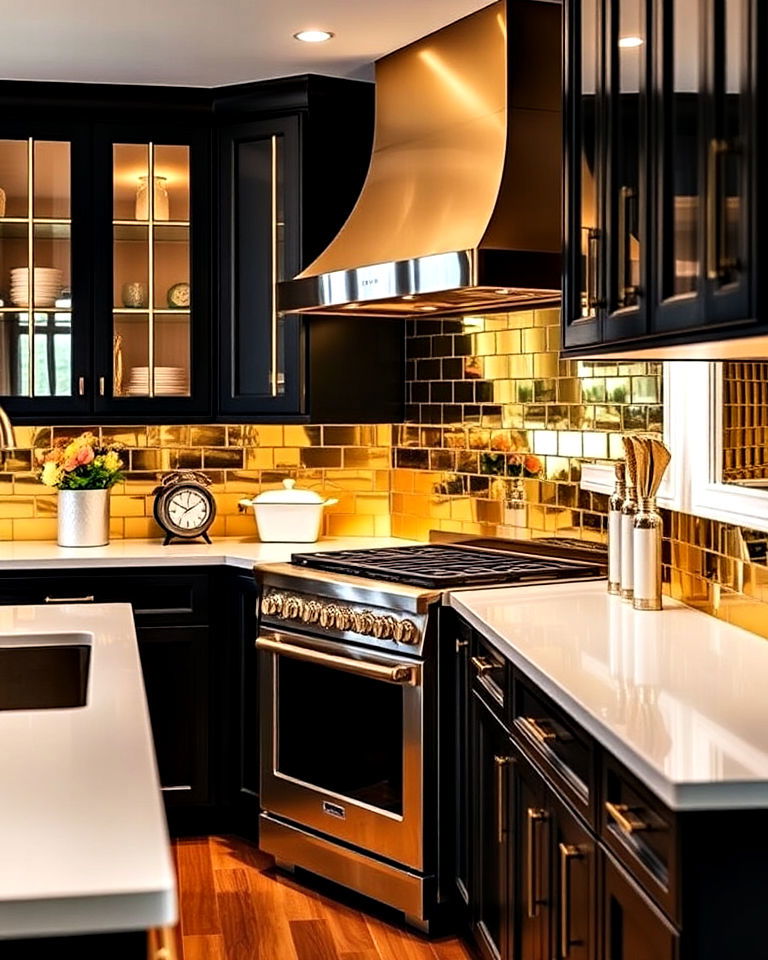 gold mirrored backsplash for kitchen - 30 Mirrored Backsplash Kitchen Ideas