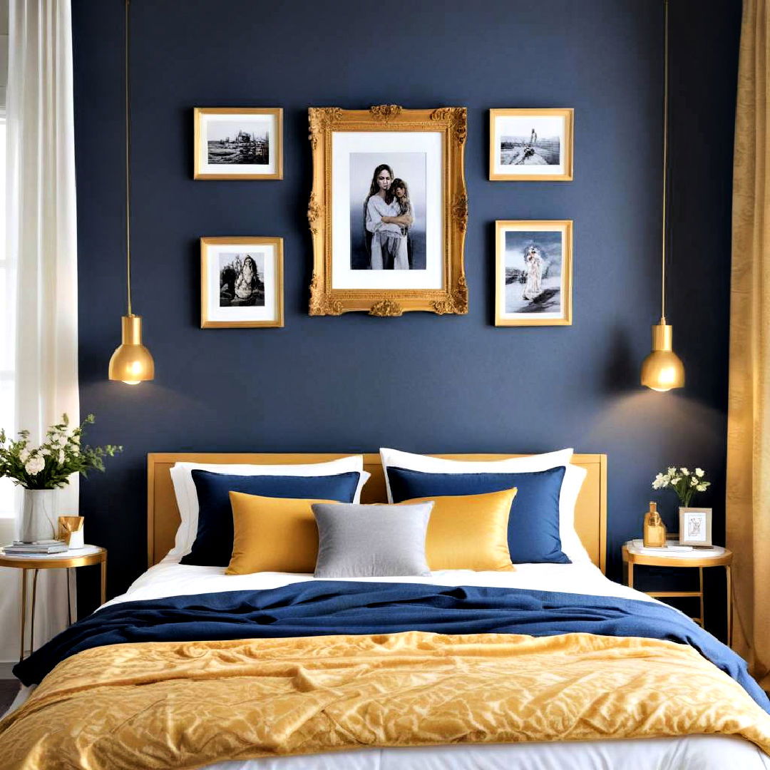 gold picture frames for blue and gold bedroom - 20 Blue and Gold Bedroom Ideas