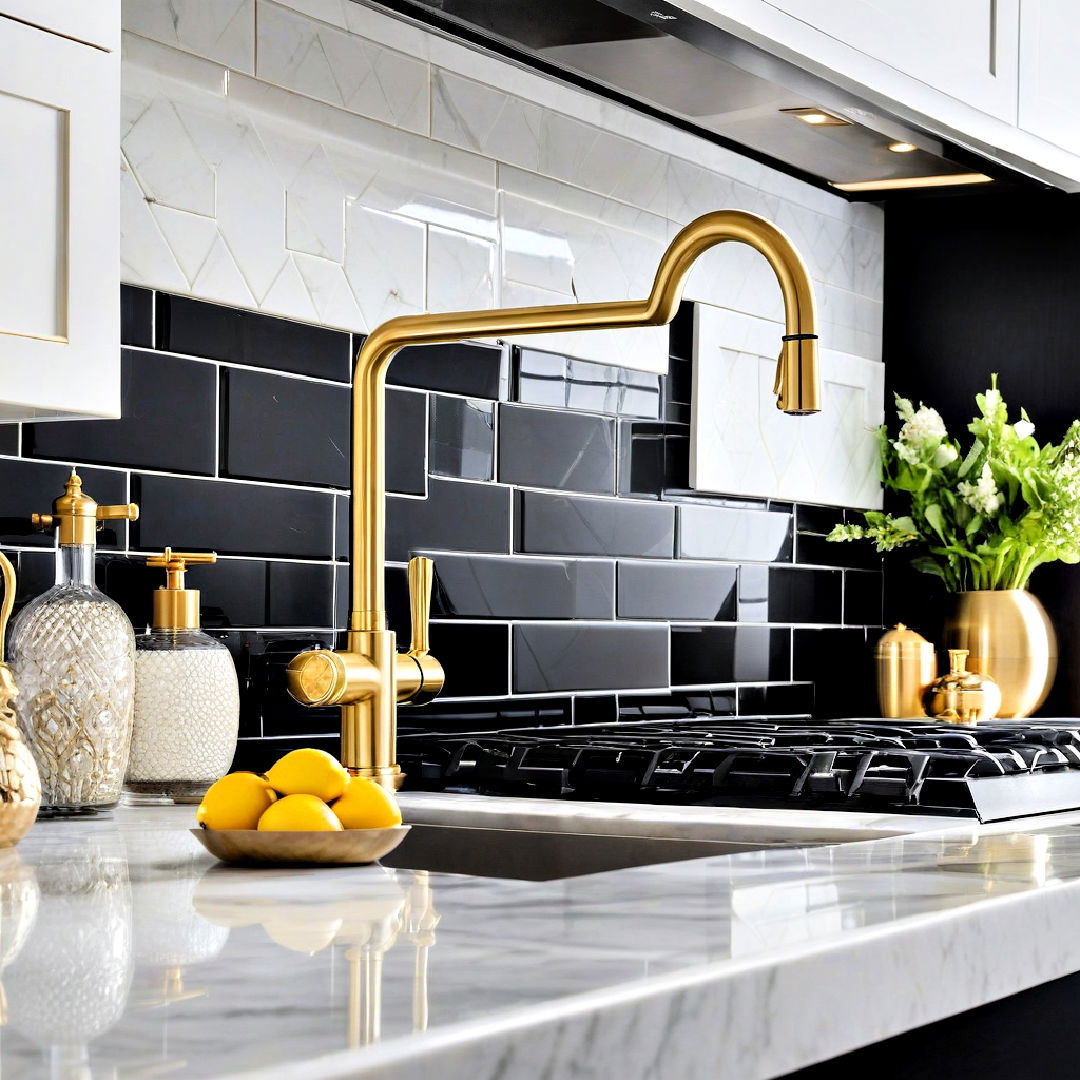 gold pot filler faucet for black and white kitchen - 25 Black White and Gold Kitchen Ideas