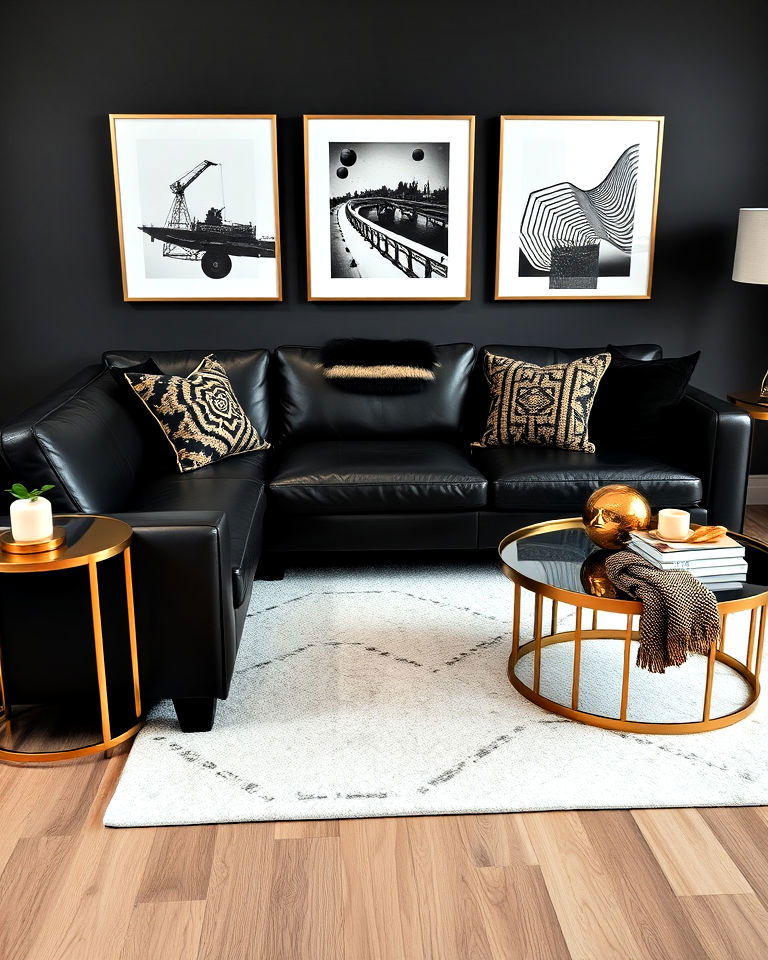 gold side table and black leather sofa - 40 Black and Gold Living Room Ideas
