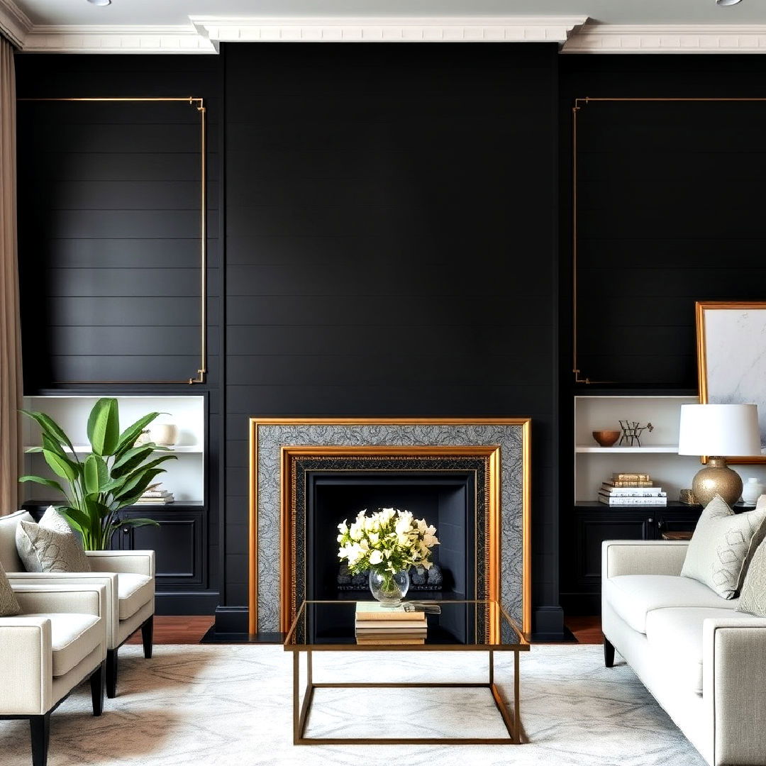 gold trim for black shiplap fireplace - 40 Black Shiplap Fireplace Ideas