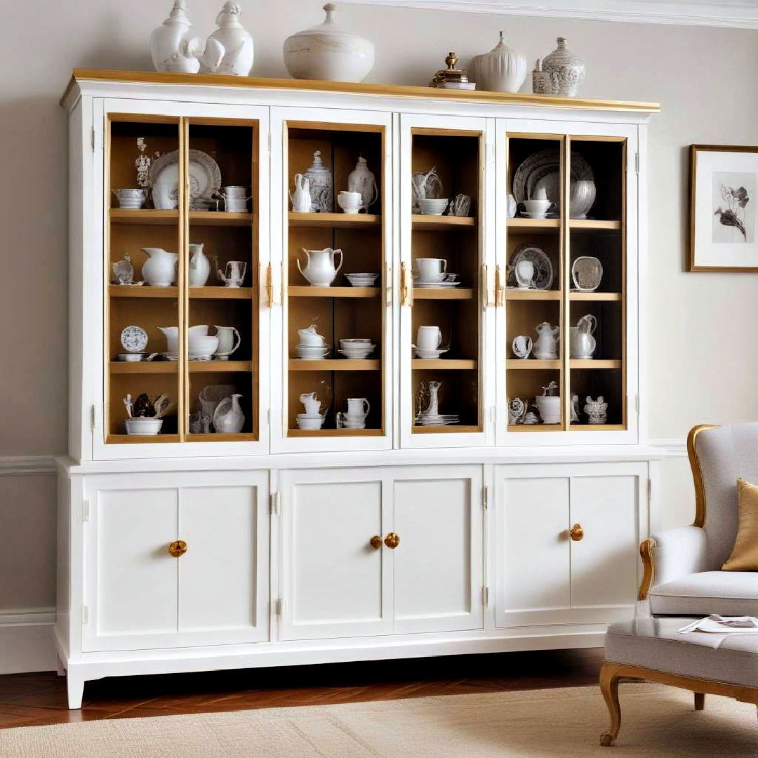 gold trimmed display unit - 25 White and Gold Living Room Ideas