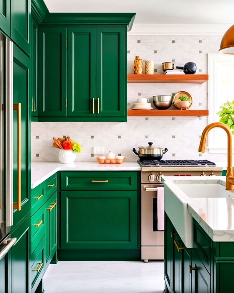 gold yellow hardware with emerald green cabinets - 20 Green and Yellow Kitchen Ideas