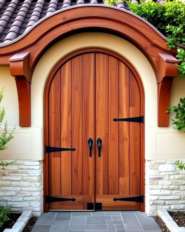 graceful arched wooden gate - 20 Front Door Gate Ideas