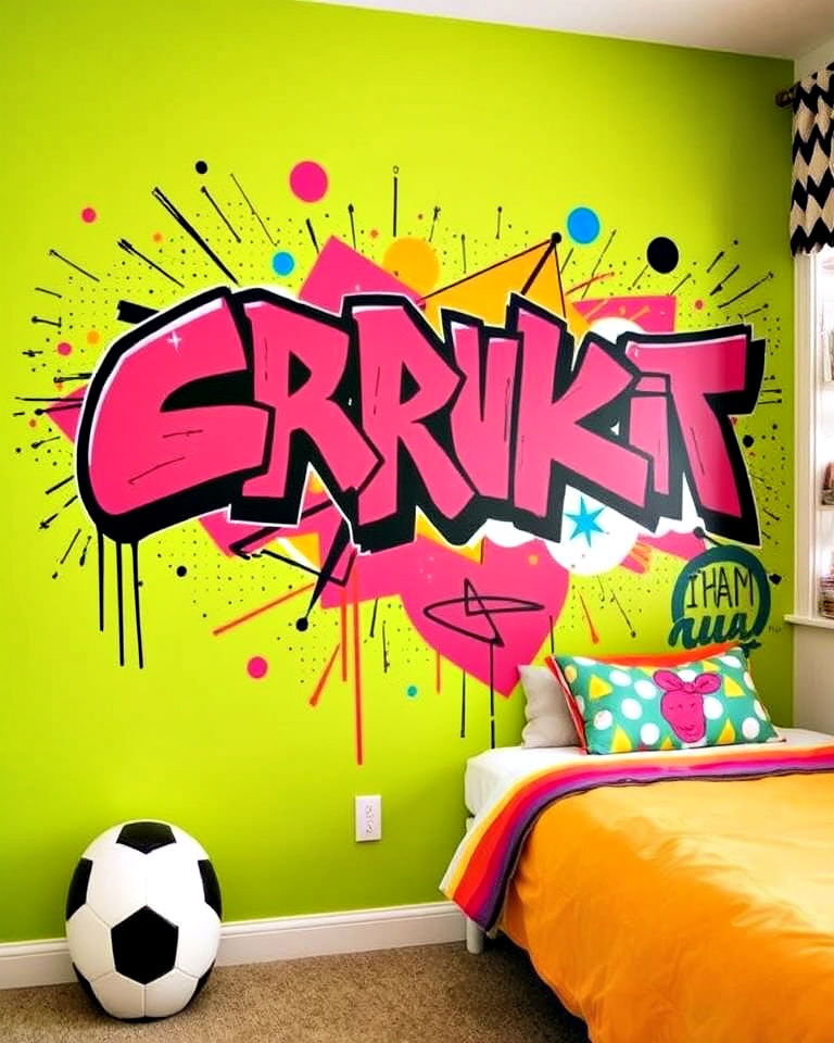 graffiti style accent wall for kids room - 30 Kids Room Accent Wall Ideas