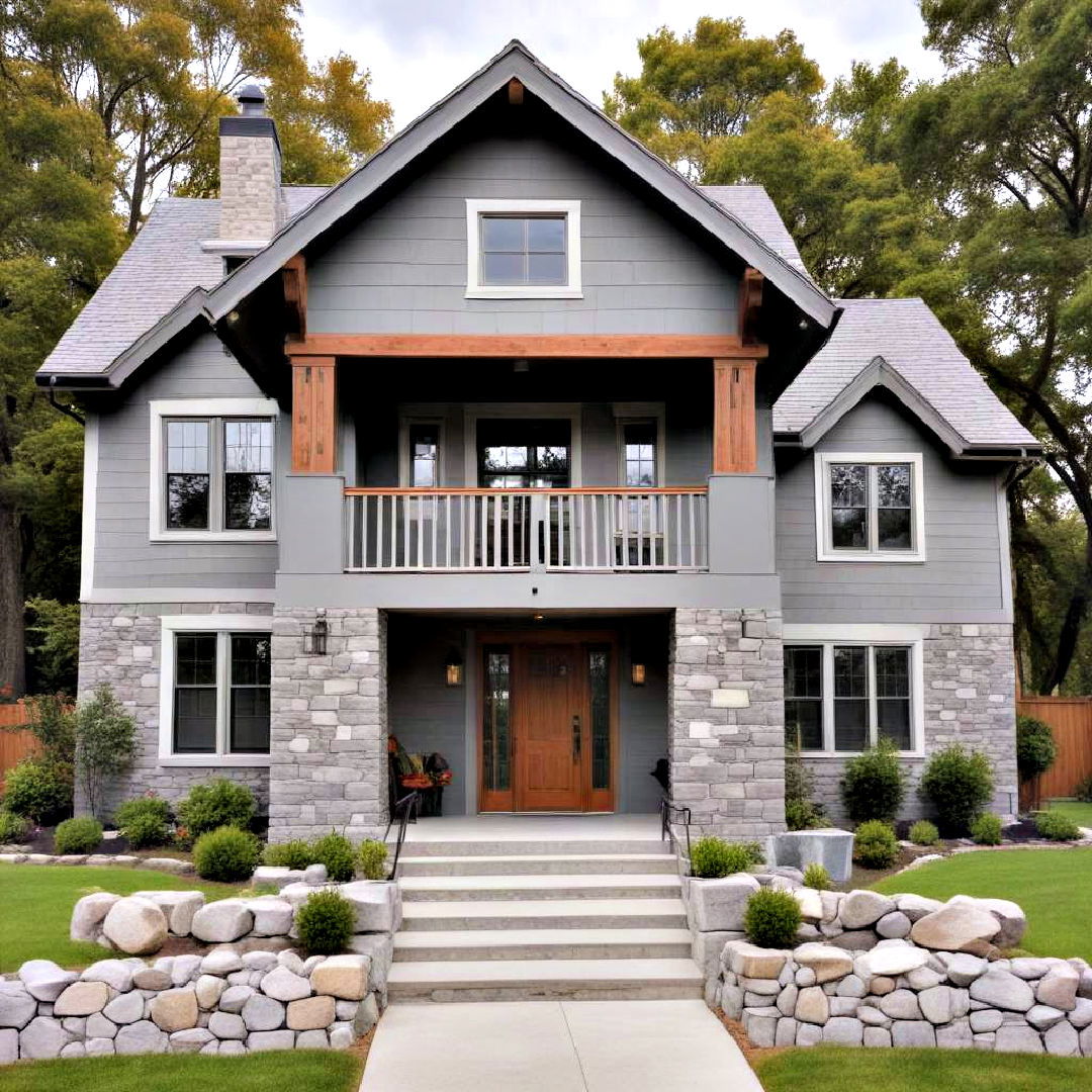 granite gray paint exterior house with wooden accents - 40 Gray Exterior House Paint Ideas