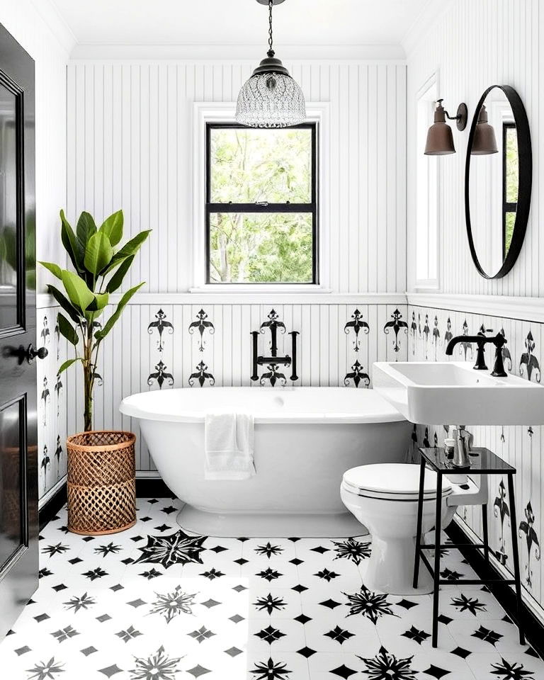 graphic cement tiles for black and white bathroom - 20 Black and White Bathroom Tile Ideas
