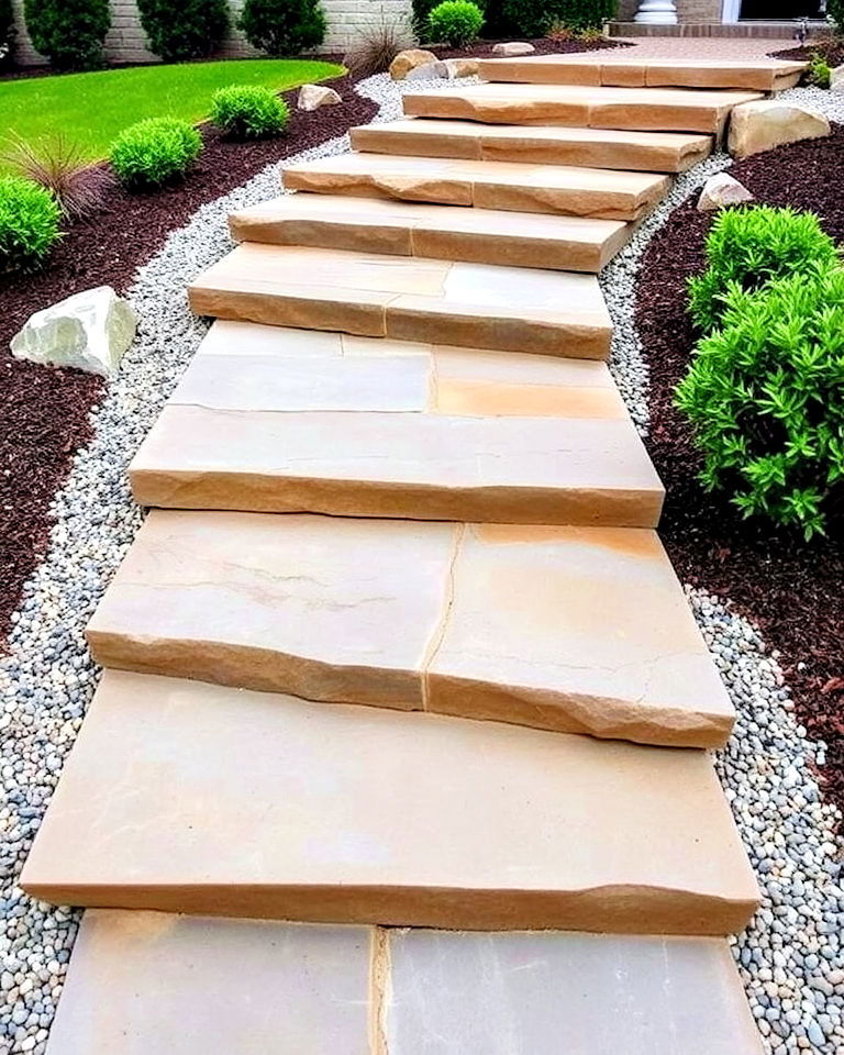 gravel border for wide stone steps - 30 Stepping Stone Walkway Ideas