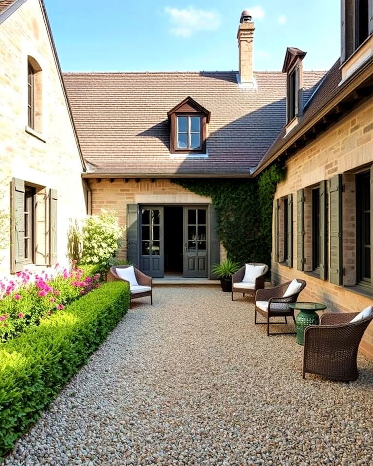 gravel courtyard for traditional french country home - 30 Traditional French Country House Exterior Ideas