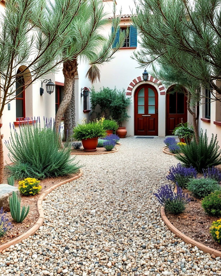 gravel courtyard with mediterranean plants ideas - 20 Front Yard Spanish Style Landscaping Ideas