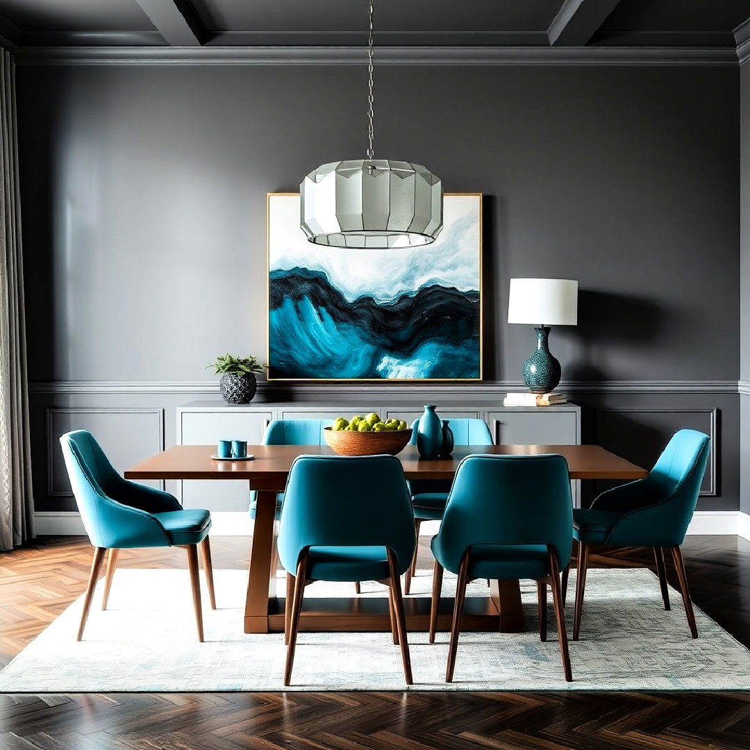 gray and teal contrast for dining room - 25 Gray Dining Room Ideas