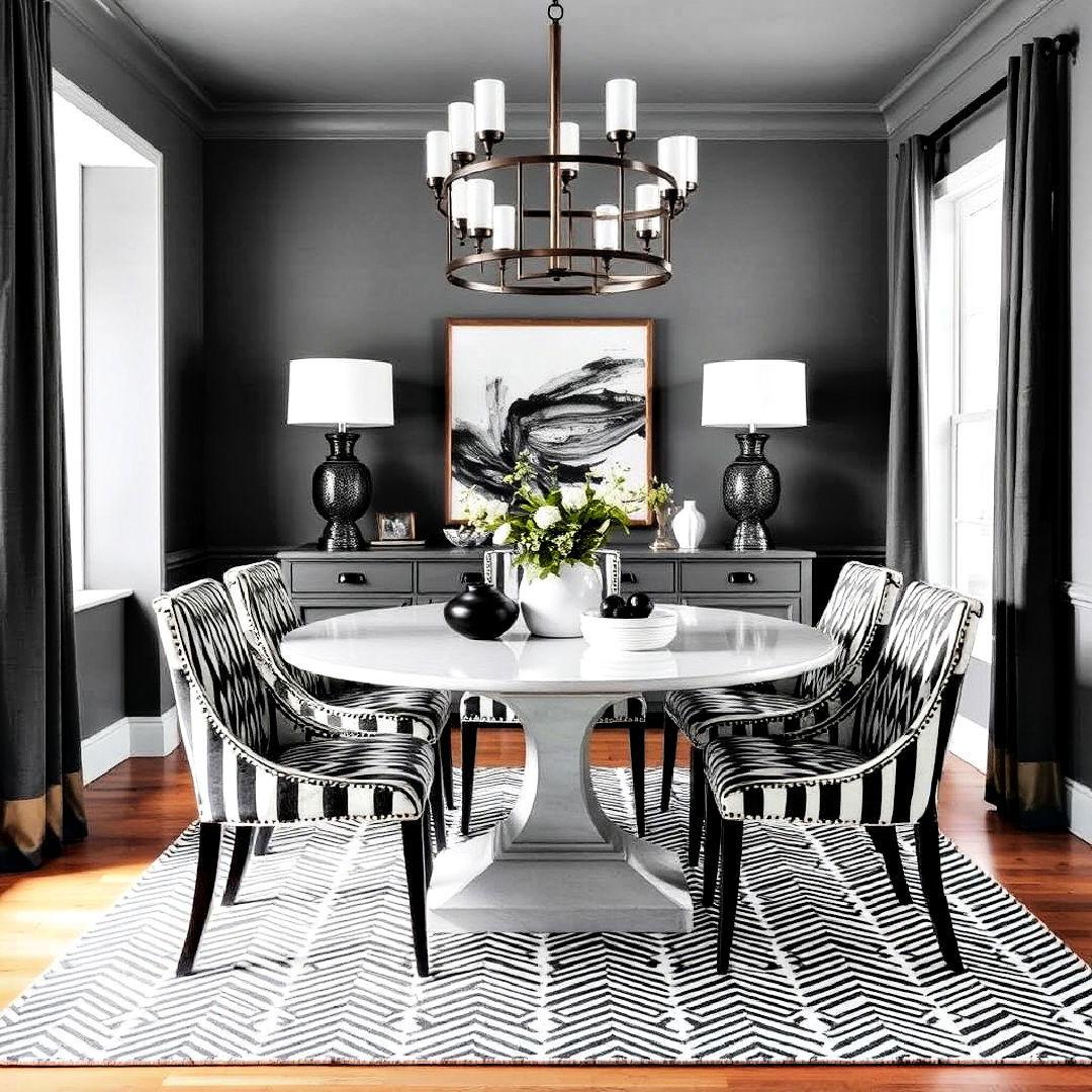 gray dining room with black and white patterns - 25 Gray Dining Room Ideas