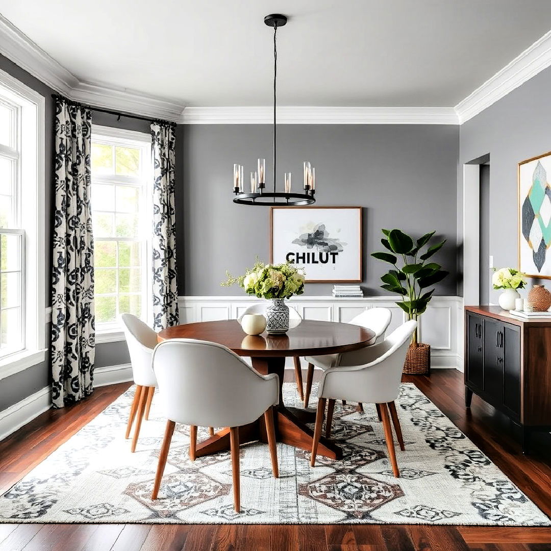 gray dining room with bold patterned accents - 25 Gray Dining Room Ideas
