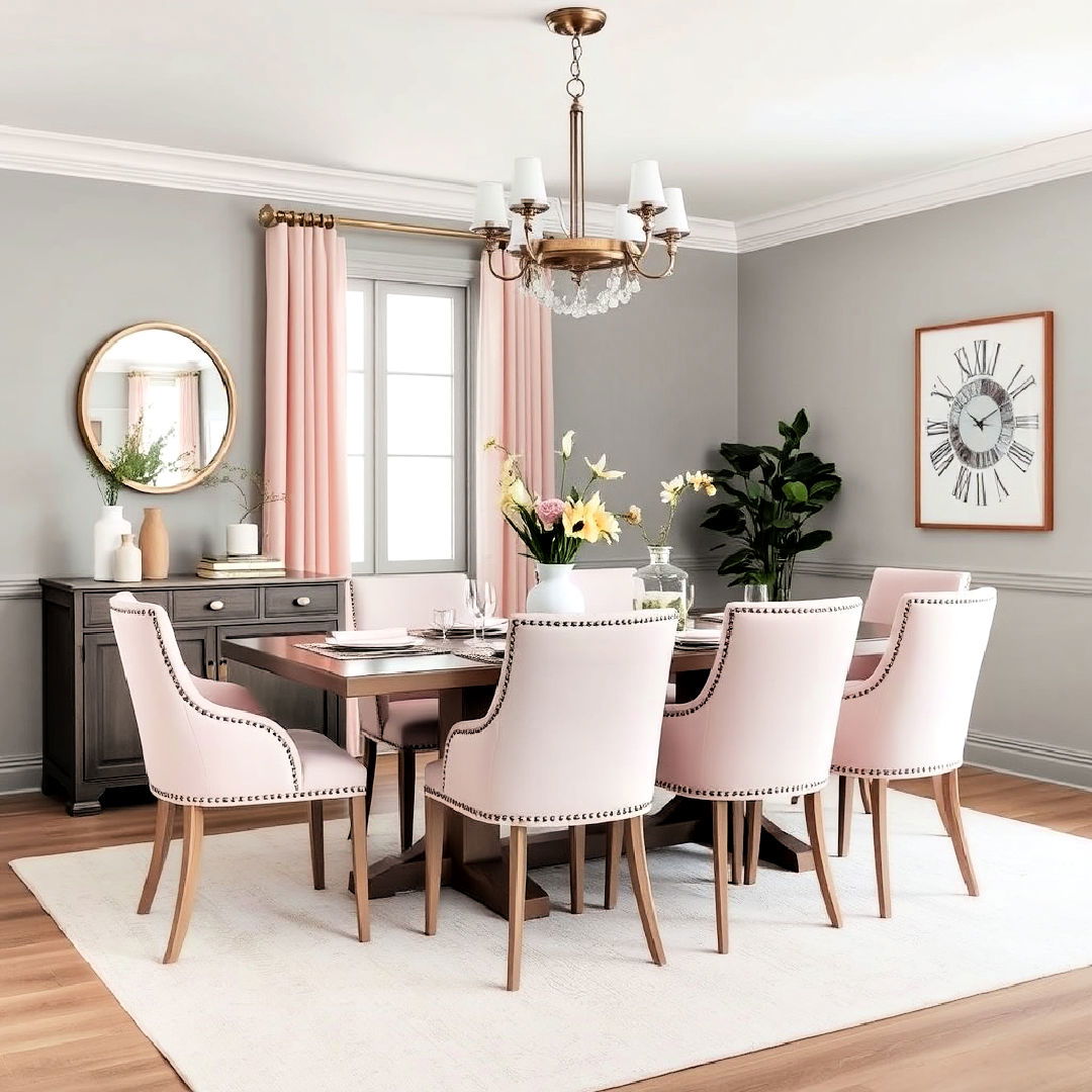 gray dining room with soft pink accents - 25 Gray Dining Room Ideas