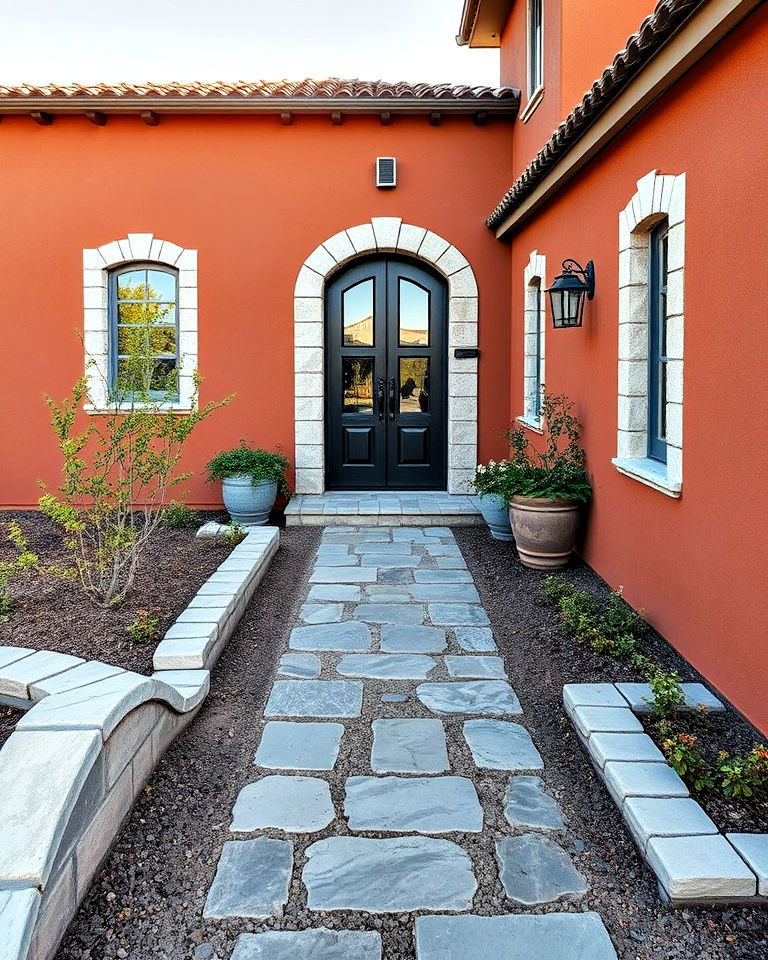 gray stone pathway with burnt umber exterior - 25 Dark Brown House Exterior Ideas
