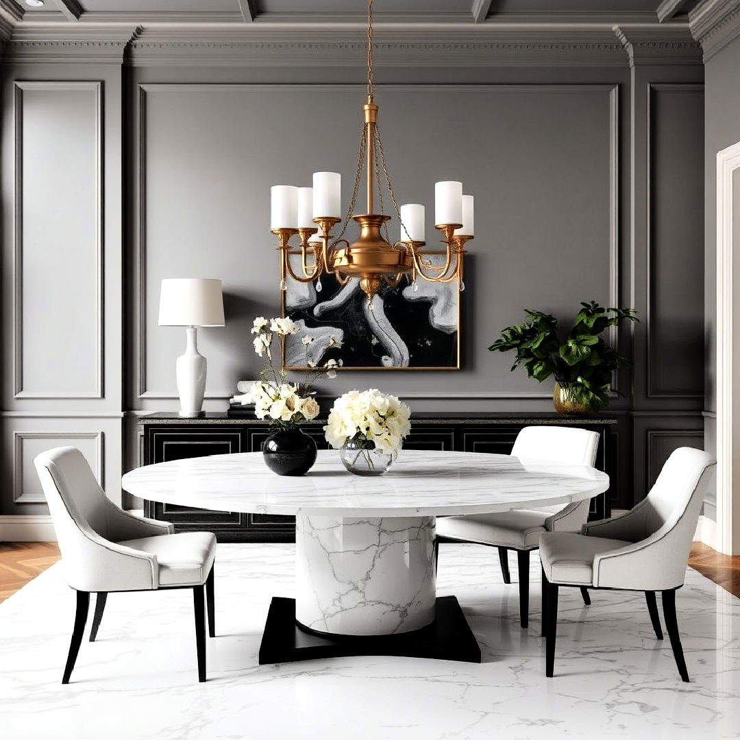 gray walls and marble dining table - 25 Gray Dining Room Ideas