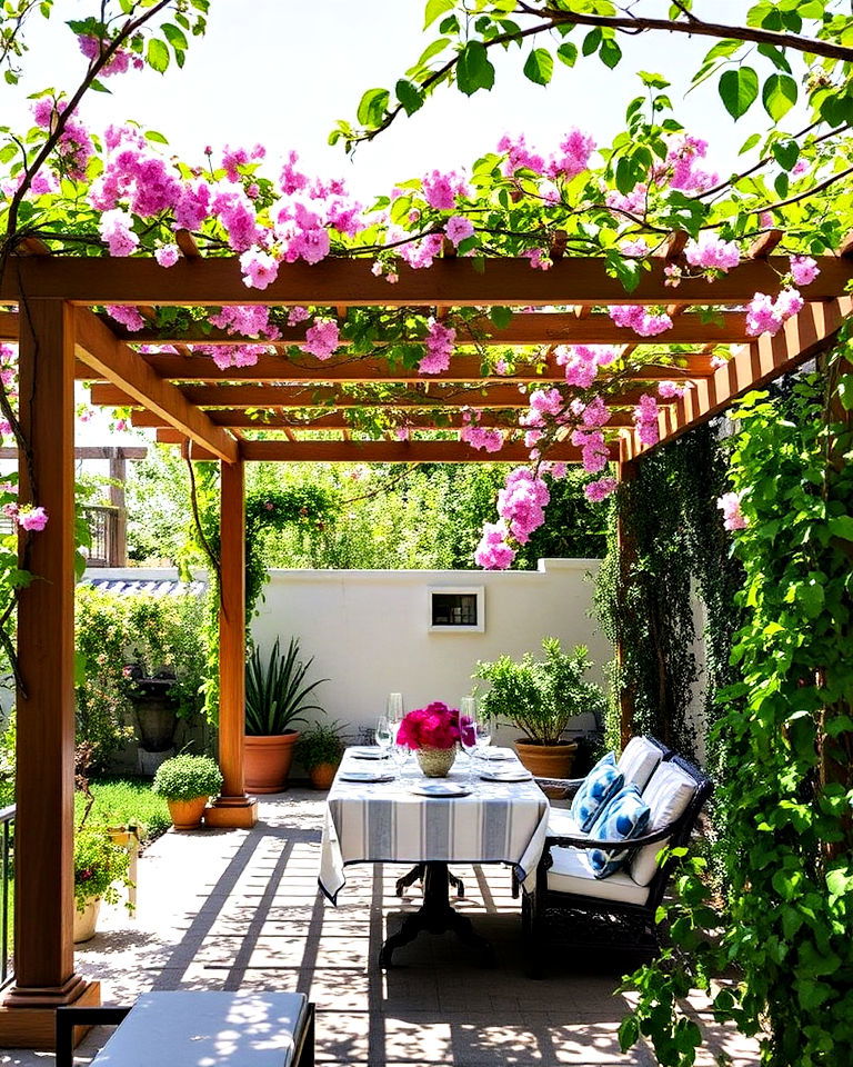 greek garden with shaded pergola - 30 Greek Garden Ideas