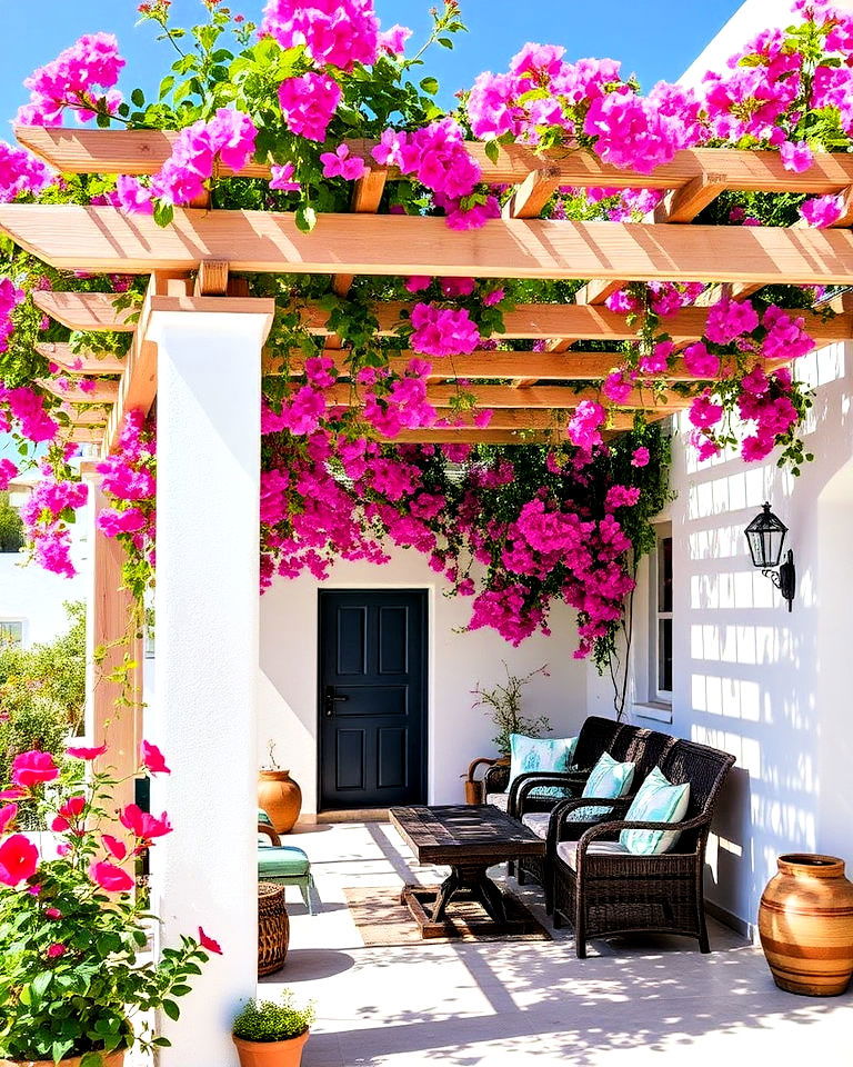 greek style home with pergola and bougainvillea - 20 Greek Style Home Ideas