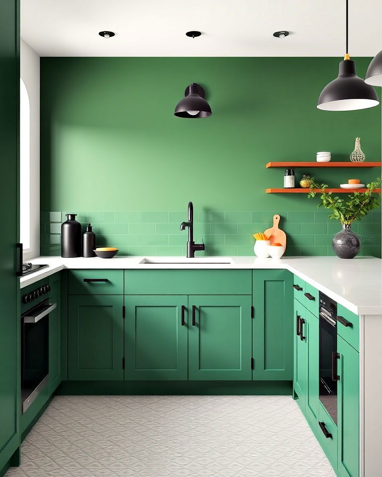 green accent wall with black fixtures for kitchen - 30 Black and Green Kitchen Ideas