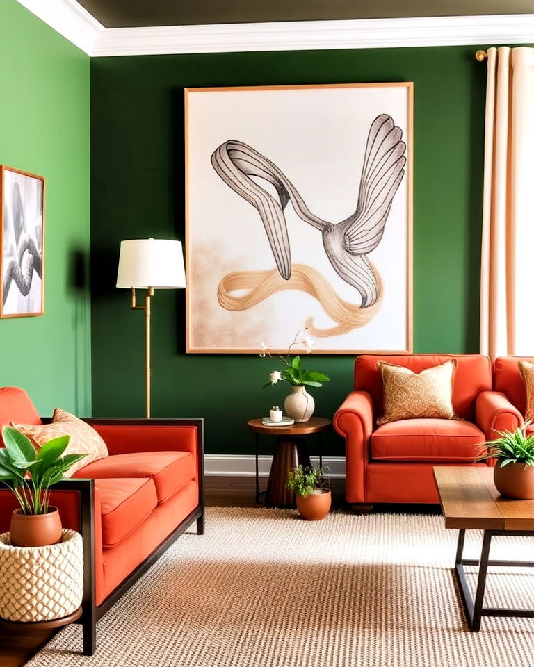 green accent walls and terracotta upholstery - 20 Green and Terracotta Living Room Ideas