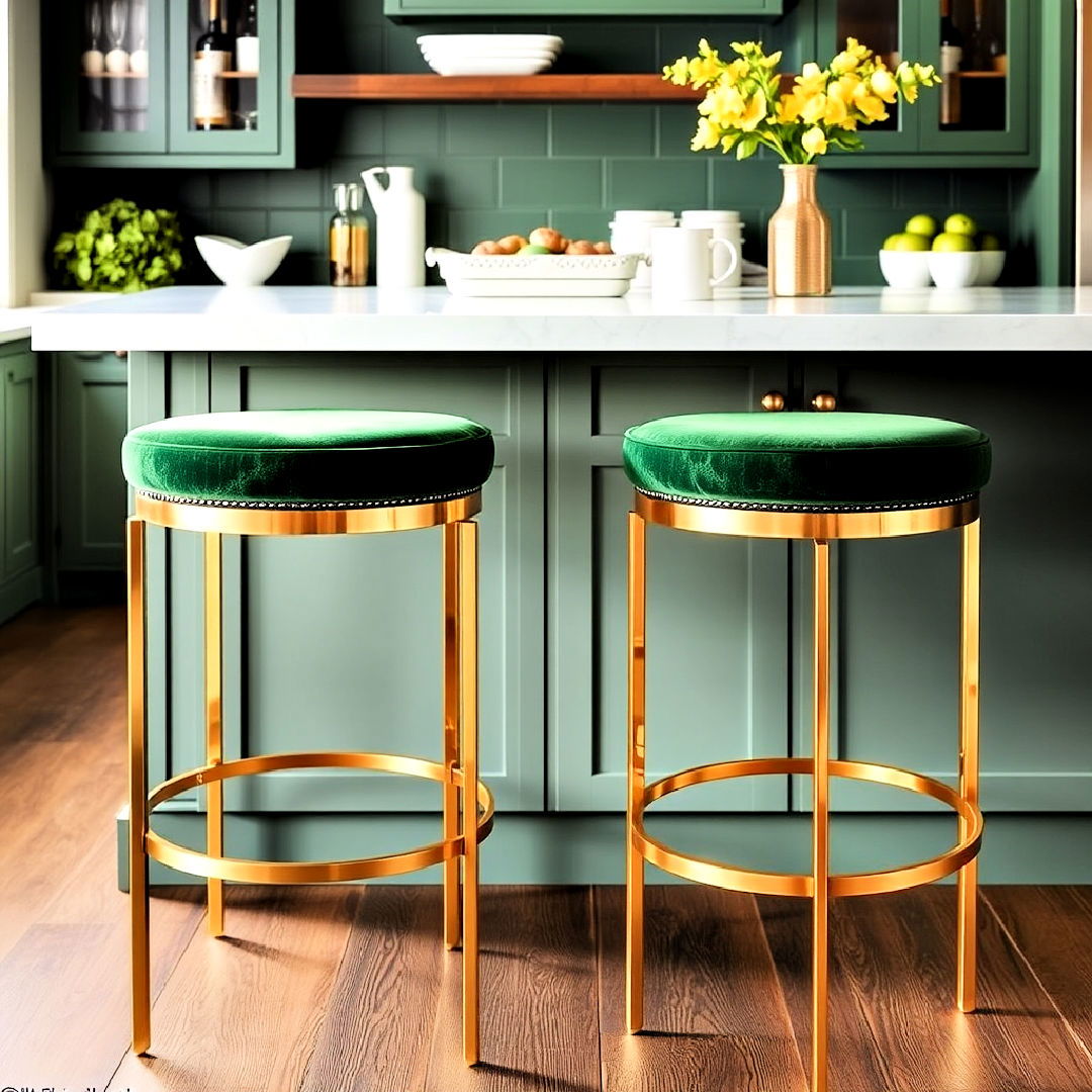 green and brass bar stools design - 25 Emerald Green Kitchen Ideas