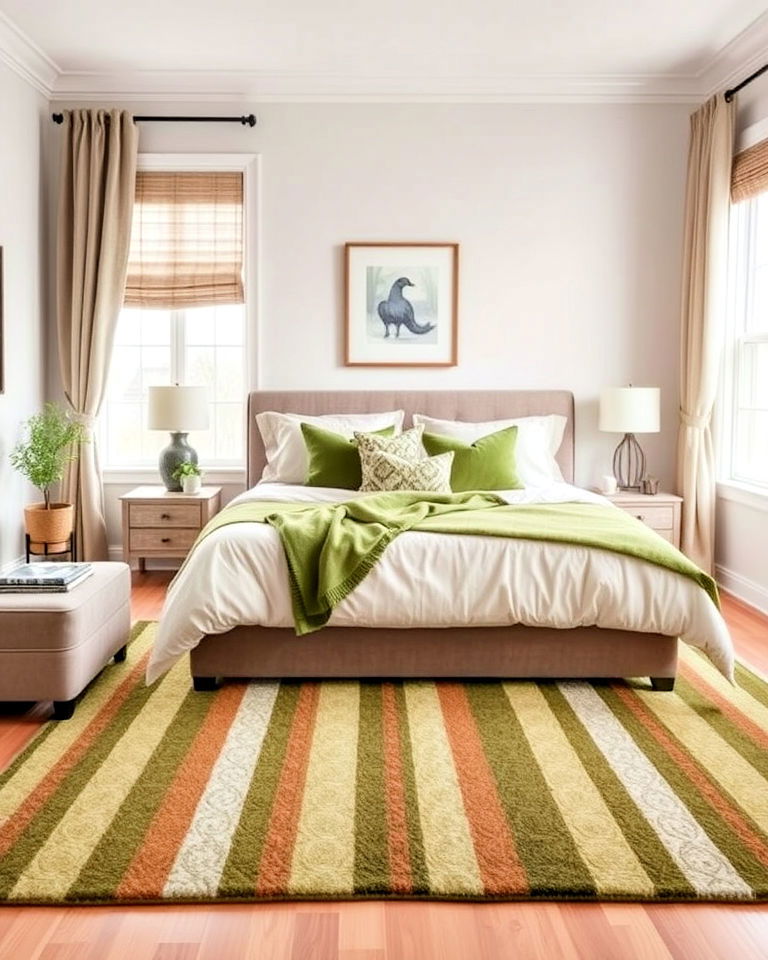 green and brown striped rug for bedroom - 20 Green and Brown Bedroom Ideas