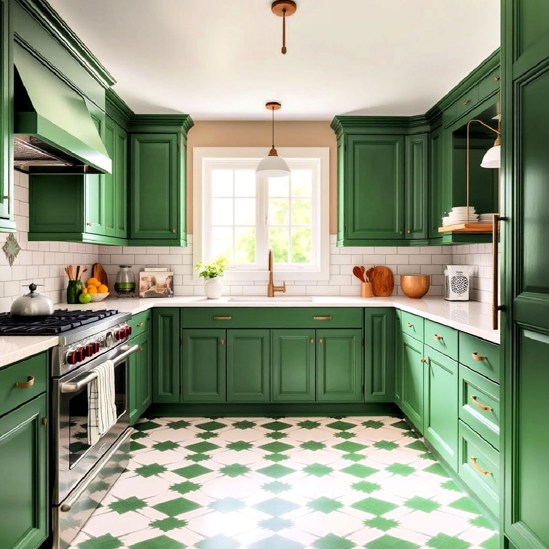 green and white tile floor for kitchen - 25 Emerald Green Kitchen Ideas
