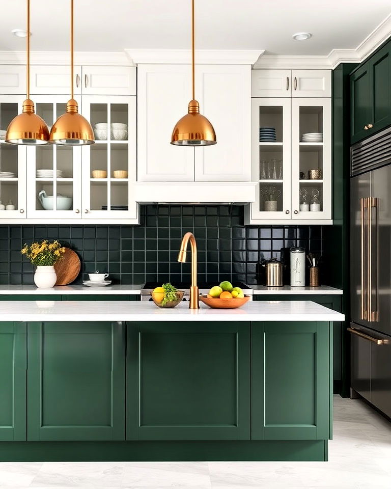 green and white two tone kitchen design - 40 Dark Green Kitchen Ideas