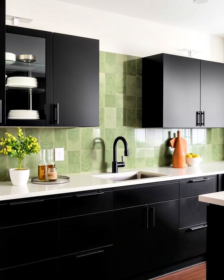 green backsplash and black cabinets - 30 Black and Green Kitchen Ideas