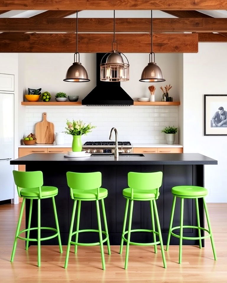 green bar stools with black island - 30 Black and Green Kitchen Ideas