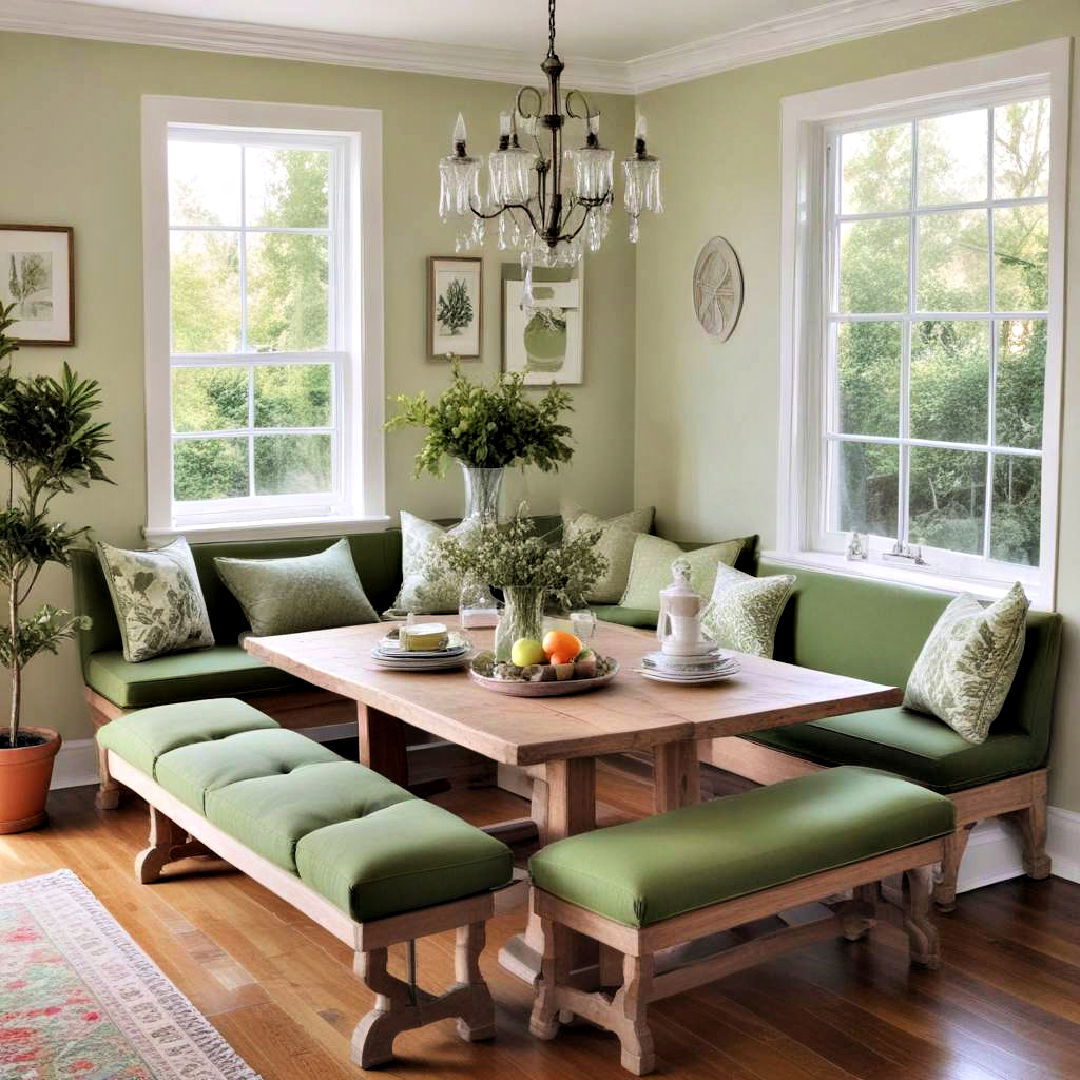 green bench cushions - 40 Green Dining Room Ideas