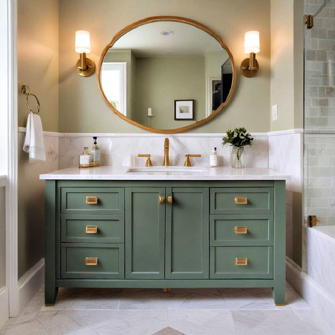 green cabinetry and golden hardware - 20 Green and Gold Bathroom Ideas