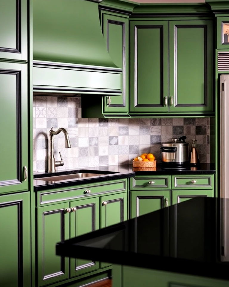 green cabinets with black trim and countertops - 20 Green Kitchen Cabinets With Black Countertops