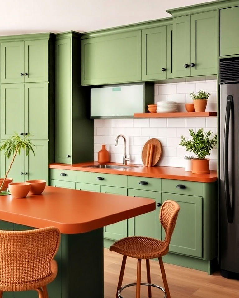 green cabinets with terracotta countertops design - 20 Green and Terracotta Living Room Ideas