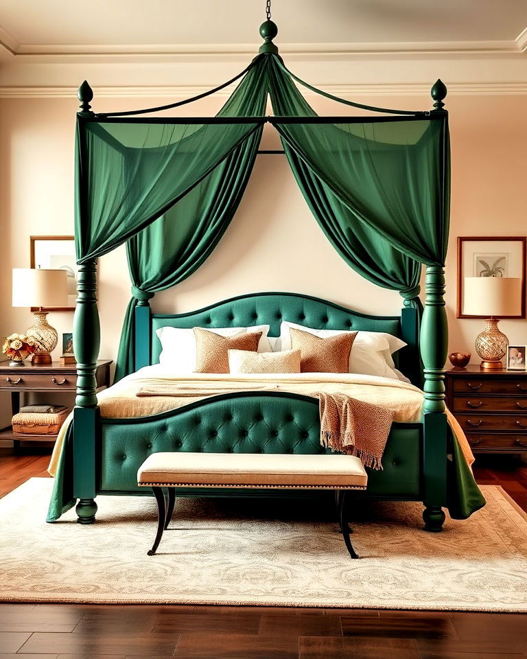 green canopy bed with beige bedroom decor - 30 Green and Beige Bedroom Ideas