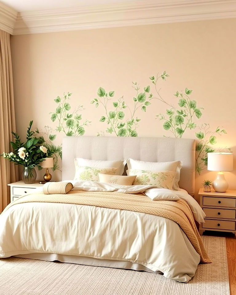 green floral accents with beige walls - 30 Green and Beige Bedroom Ideas