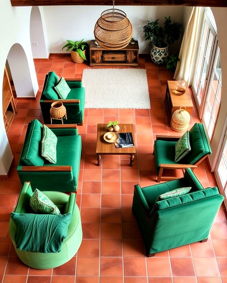 green furniture accents and terracotta tiles - 20 Green and Terracotta Living Room Ideas