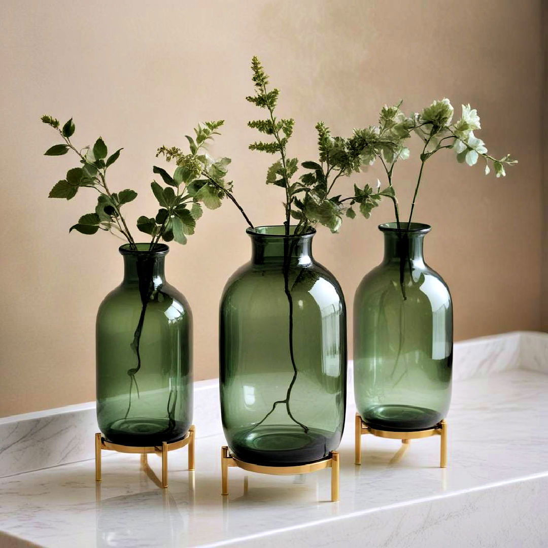 green glass vases and gold stands - 20 Green and Gold Bathroom Ideas