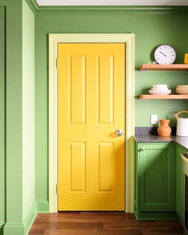 green kitchen walls with yellow pantry door - 20 Green and Yellow Kitchen Ideas