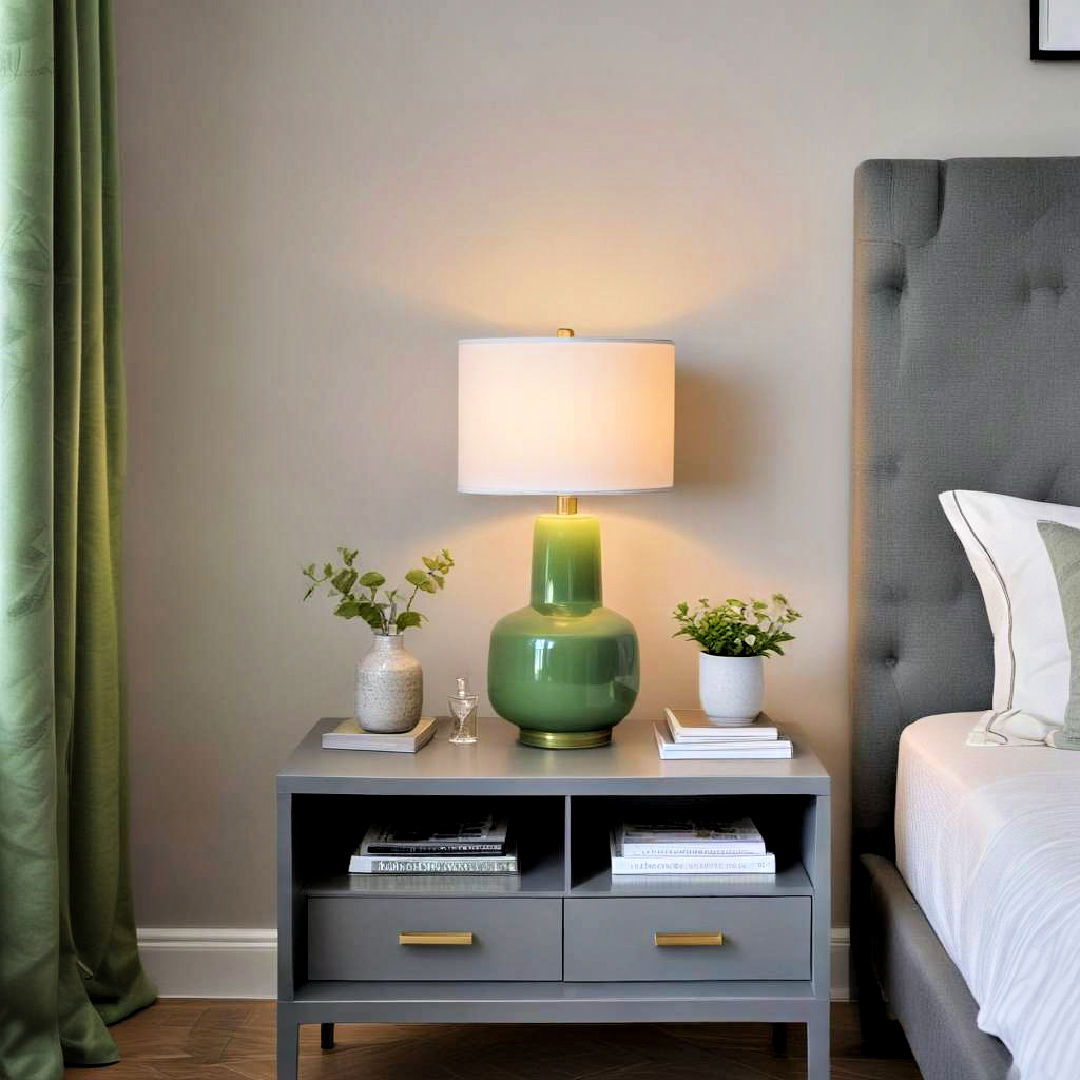 green lamp placed on grey nightstand - 20 Green and Grey Bedroom Ideas