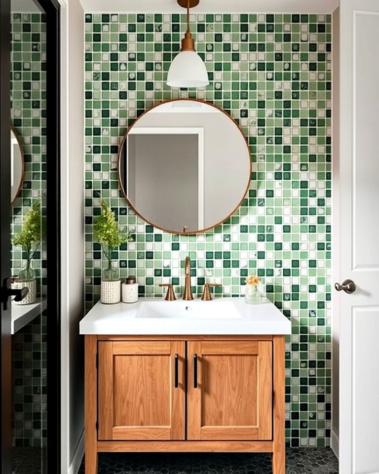 green mosaic accents for artistic feel - 20 Small Green Bathroom Ideas