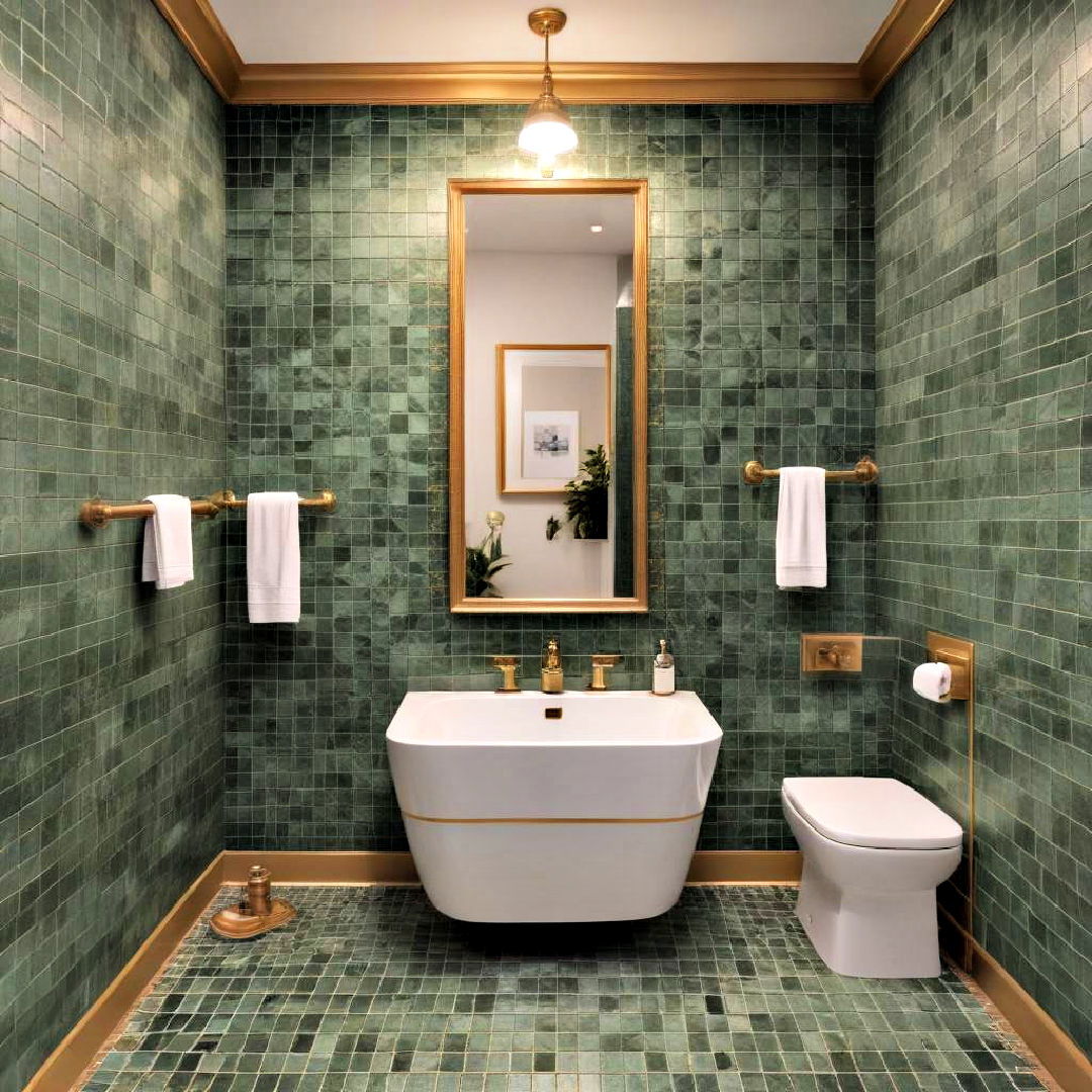 green mosaic tiles with gold borders - 20 Green and Gold Bathroom Ideas