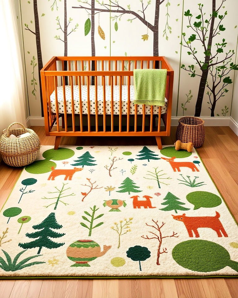 green nursery with forest themed rug - 25 Green Nursery Ideas