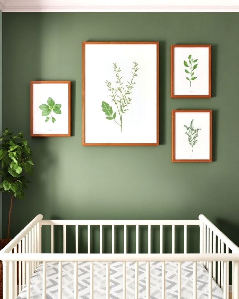 green nursery with herb themed wall art - 25 Green Nursery Ideas