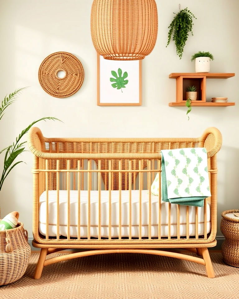 green nursery with wicker crib - 25 Green Nursery Ideas