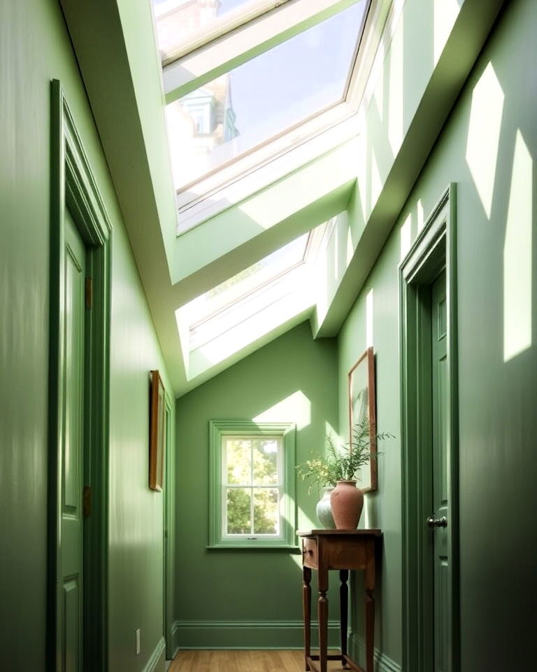 green painted hallway with skylights - 20 Green Hallway Ideas