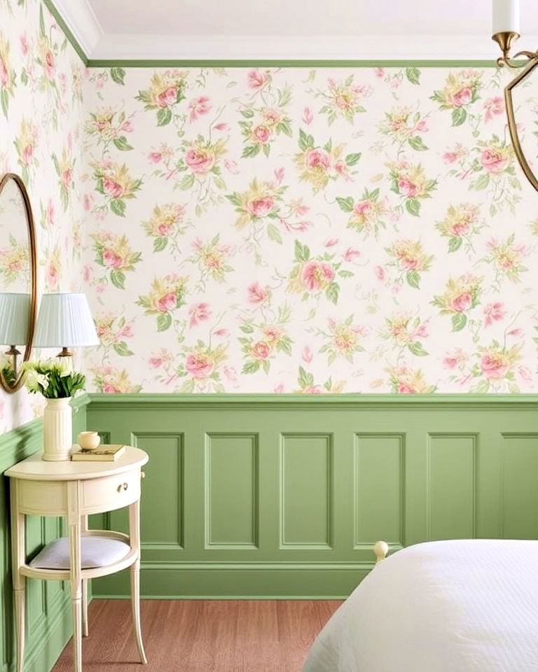 green paneling with floral wallpaper for bedroom - 20 Green Panelling Bedroom Ideas