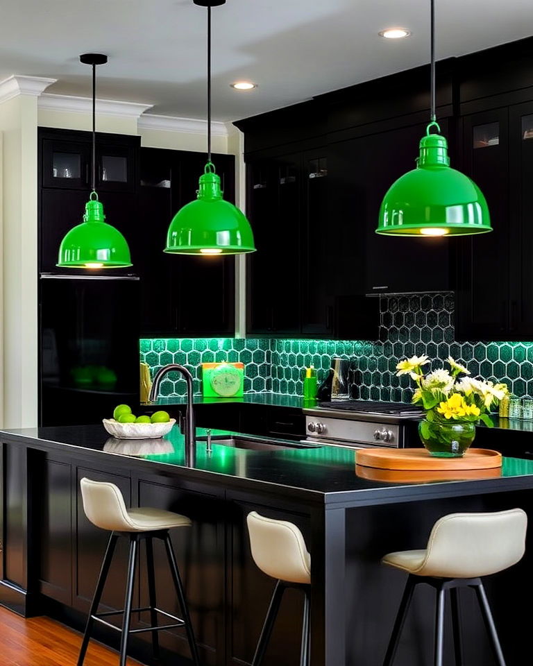 green pendant lighting with black island - 30 Black and Green Kitchen Ideas
